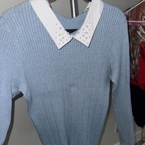 Pearl-Collar Light Blue Ribbed Crewneck Sweater